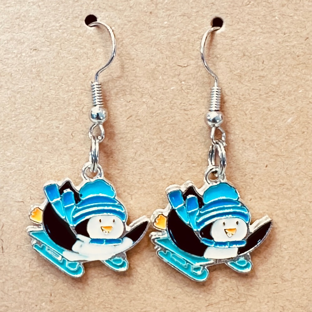 Handmade Penguin Sled Earrings Blue Enamel Winter Christmas Stainless Steel